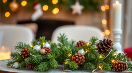 Christmas table decoration with fir branches, pine cones and candles. Christmas background.の写真素材