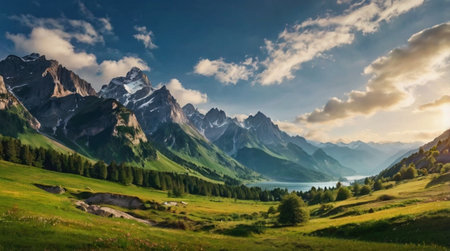 Beautiful alpine landscape with lake and mountains in the background.の写真素材