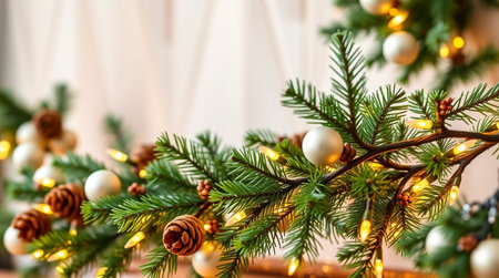 Christmas tree branches with bokeh lights and decorations, closeupの写真素材