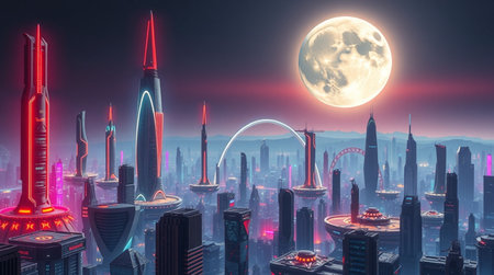 3d illustration of futuristic city at night with full moon, skyscrapers and buildingsの写真素材