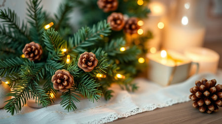 Christmas and New Year background with fir branches, candles and bokeh lightsの写真素材