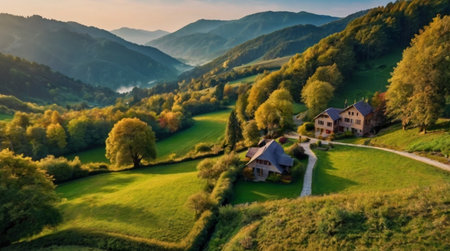 Aerial view of idyllic countryside landscape in morning light. Carpathian, Ukraine, Europe.の写真素材