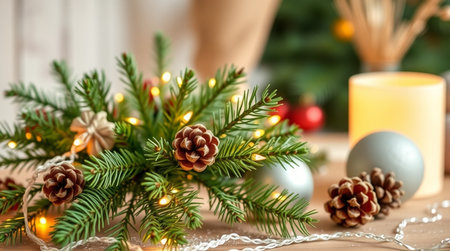 Christmas composition with fir branches and garland on wooden table, closeupの写真素材