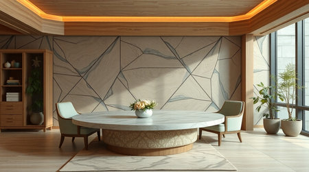 Interior of modern living room with wooden walls, tiled floor, round wooden table and armchairs. 3d...