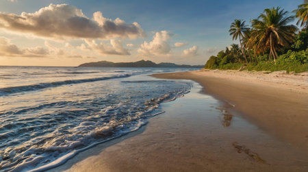 Tropical beach with palm trees at sunset, Seychellesの写真素材