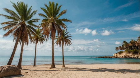 Tropical beach with palm trees and white sand in Cuba.の写真素材