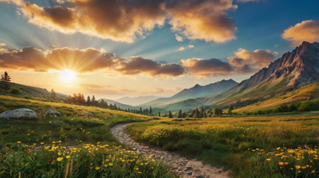 Sunset in the mountains. Beautiful summer landscape with meadow and flowers.の写真素材