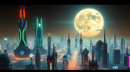 Futuristic city in the moonlight. Futuristic city concept