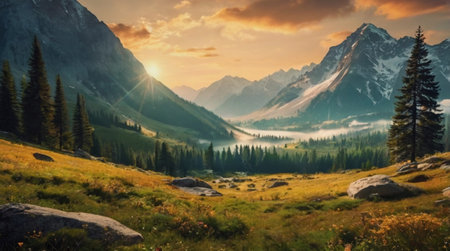 Mountain landscape at sunset. Panoramic view of the mountains.の写真素材