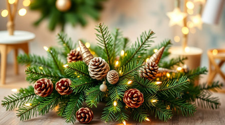 Christmas wreath with fir branches and pine cones on a wooden backgroundの写真素材