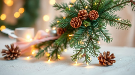 Christmas and New Year background with bokeh lights and fir branchesの写真素材