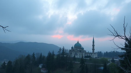 Panoramic view of Sarajevo mosque during sunsetの写真素材