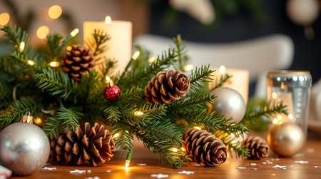 Christmas decoration with candles, fir branches and baubles on wooden tableの写真素材