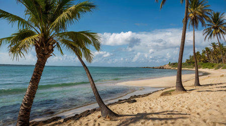 Coconut trees on a tropical beach in the Dominican Republic.の写真素材