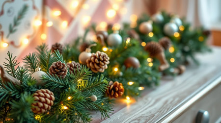 Beautiful Christmas wreath on the background of a garland.の写真素材