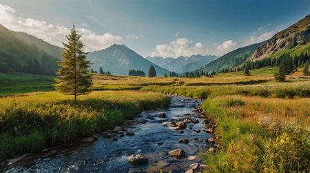 Mountain landscape with a stream in the foreground, Altai, Russiaの写真素材