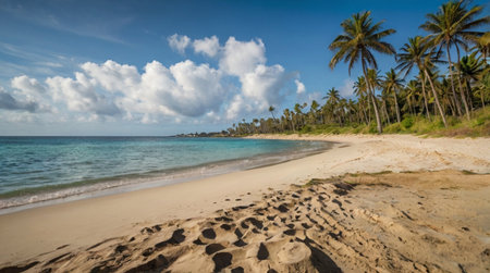 Panoramic view of a tropical beach with palm trees and sandの写真素材