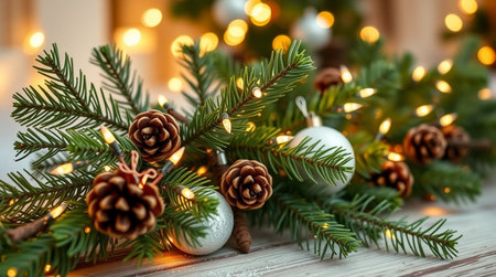 Christmas tree branches with pine cones and garland lights on wooden backgroundの写真素材