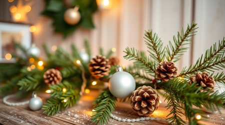 Christmas background with fir branches, cones and Christmas decorations on a wooden backgroundの写真素材