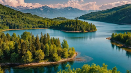 Panoramic view of turquoise lake with forest and mountains in background