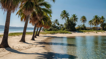 Panoramic view of the beach and palm trees on the beach.の写真素材