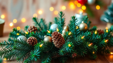 Christmas background with fir tree branches and Christmas decorations. Copy space.の写真素材