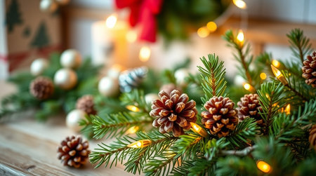 Christmas and New Year background with fir branches, pine cones and lightsの写真素材