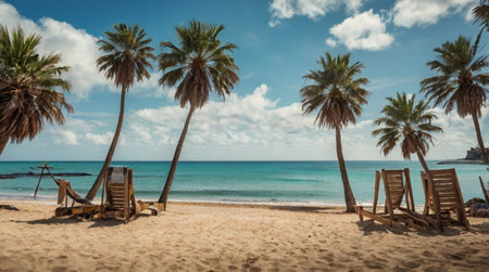 Tropical beach with palm trees, chairs and umbrellasの写真素材