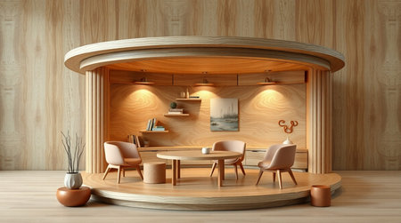 Interior of modern dining room with wooden walls, wooden floor and round table with brown chairs. 3d...