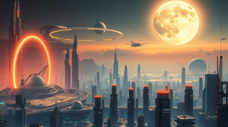 Futuristic city in the background of the moon. 3d rendering