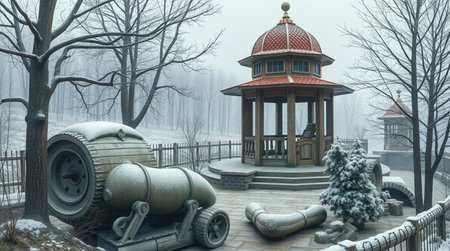 Gazebo in the park in winter foggy dayの写真素材