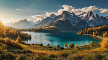 Panoramic view of the alpine lake. Beautiful autumn landscape.