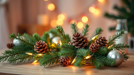Christmas decoration with fir branches and pine cones on a wooden table.の写真素材