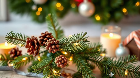 Christmas tree branches with pine cones and candles on a light background.