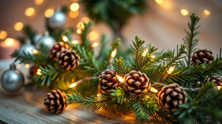 Christmas tree branches with cones and garland lights on bokeh backgroundの写真素材