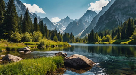 Panoramic view of a mountain lake in the Dolomitesの写真素材
