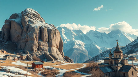 Beautiful winter landscape with snow-capped mountains in the background