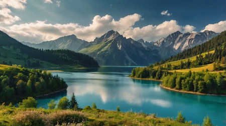 panoramic view of alpine lake in summer. wonderful nature sceneryの写真素材