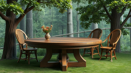 Table and chairs in the forest. 3D render. Wooden table.