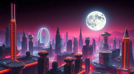 Futuristic city at night with full moon, 3d illustration