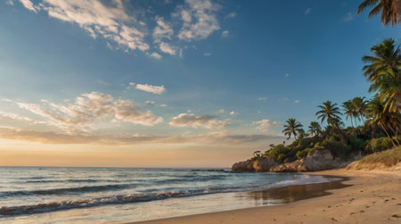 Tropical beach with palm trees at sunset in Sri Lanka.の写真素材