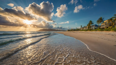Sunset at the beautiful beach of Guadeloupe, Caribbeanの写真素材