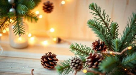 Christmas tree branches with pine cones and garland lights on wooden backgroundの写真素材