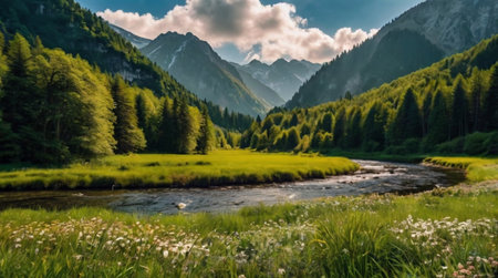 Panoramic view of alpine meadow and mountain river, Dolomites, Italyの写真素材