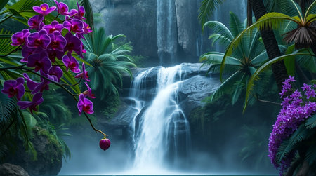 Beautiful waterfall in tropical forest with purple orchids flowers.の写真素材