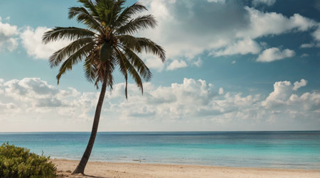 Coconut palm tree on a tropical beach with turquoise waterの写真素材