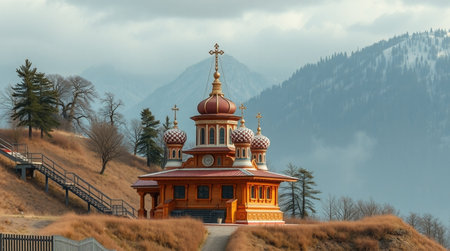 Wooden church in the mountains. Panoramic view of the Church of St. Nicholas on the hill.の写真素材