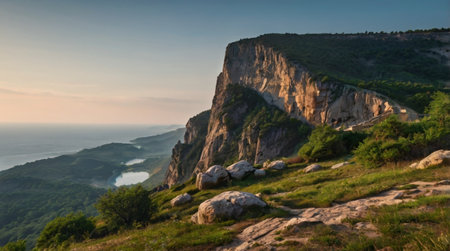 Beautiful landscape of mountains and sea at sunset. Crimea, Ukraineの写真素材