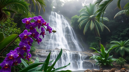 Beautiful waterfall in the tropical forest with purple orchid flowers.の写真素材