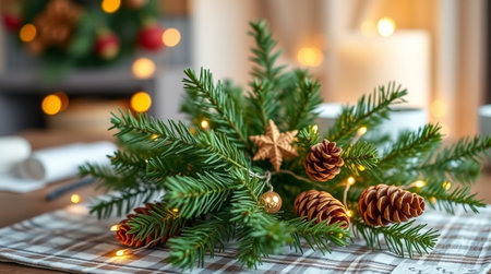 Christmas decoration with fir branches, cones and garland on the tableの写真素材